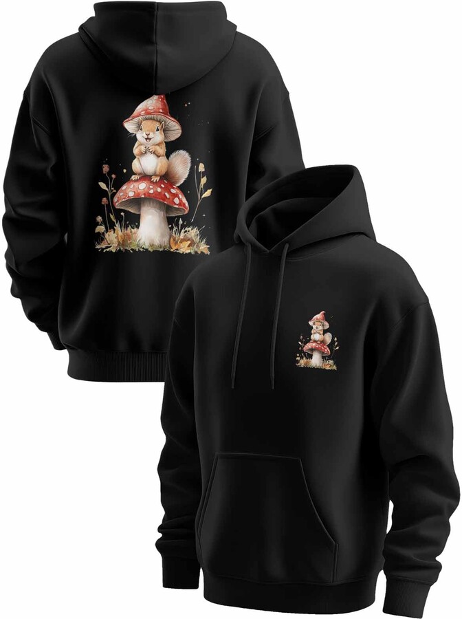 Xiidiekbish Vintage Mushroom Squirrel Hoodies for Men Watercolor Red Plant Graphic Print Long Sleeve Drawstring Hoodie Pullover Sweatshirt with Pocket
