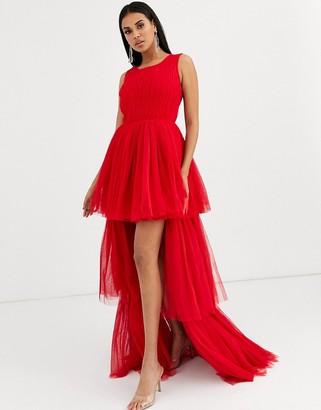 Lace & Beads tulle layered maxi dress in fiery red