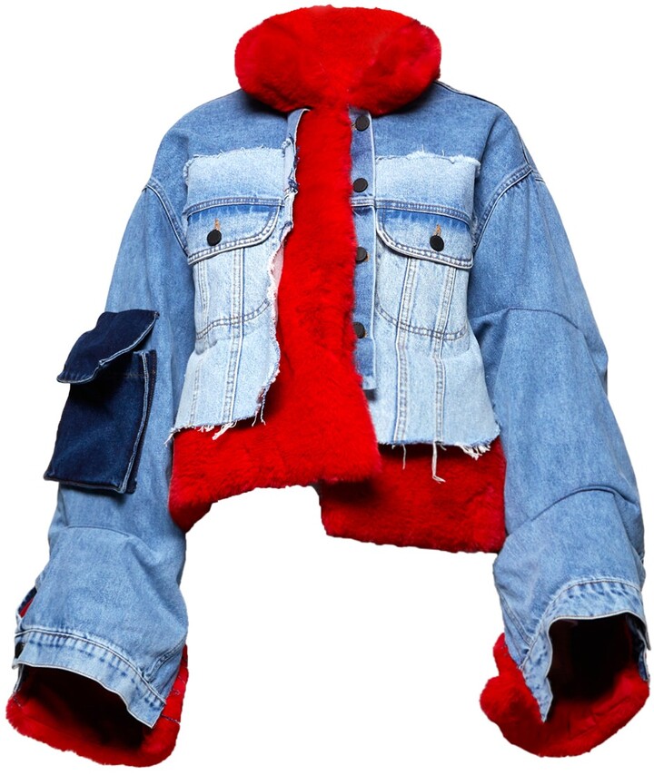Natasha Zinko Faux Fur Denim Jacket Red FARFETCH Denim jacket with fur Fashion Denim fashion