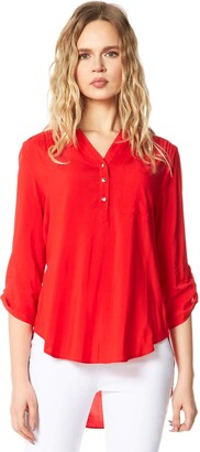 Roman Originals Women Notch Neck Button Front Top - Ladies Smart Casual  Everyday Buttoned V-Neck 3/4 Length Sleeve Pleat Detail Jersey Stretch Shirt  Blouses - Red - Size 20 - ShopStyle