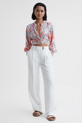 Reiss Coral/White Elle Floral Print Tie Front Cropped Blouse