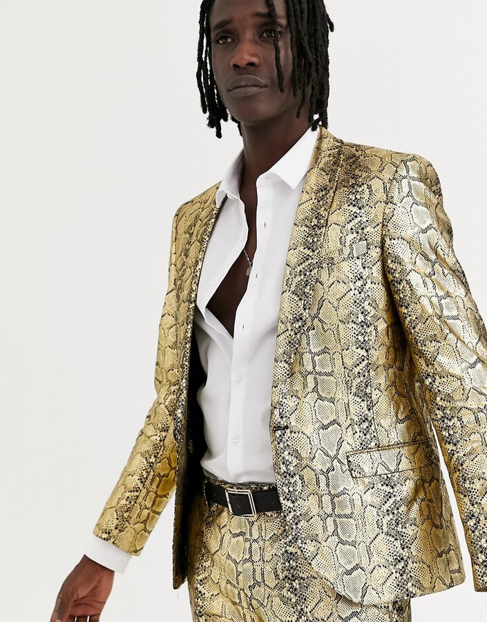 Twisted Tailor skinny suit jacket in gold snake print - ShopStyle