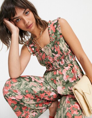 Vero Moda shirred wide leg jumpsuit in pink and green floral - ShopStyle