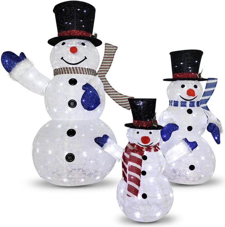 Joyfy 4 ft. Height Metal/Fabric Collapsible Christmas Snowman Yard Lights (Set of 3) with 270 LED Clear Wire 12 Metal Stakes