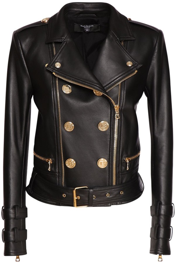Balmain Double Breasted Leather Biker Jacket - ShopStyle