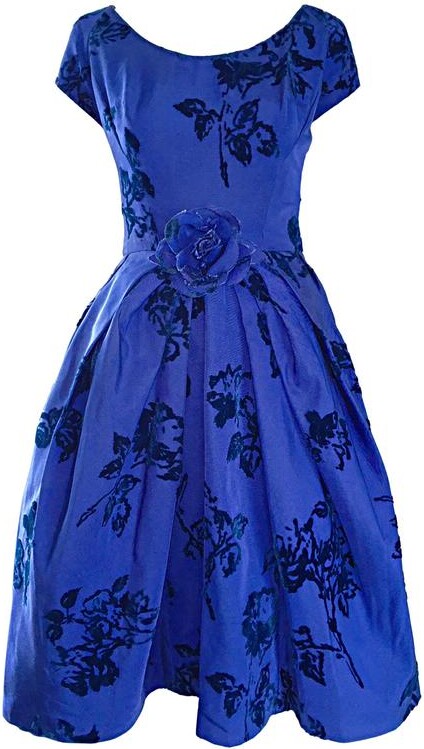 MISS BROOKS Demi Couture Royal Blue Silk Flower Abstract Vintage Dress, 1950s