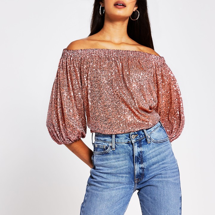River Island Womens Pink long sleeve sequin bardot top ShopStyle