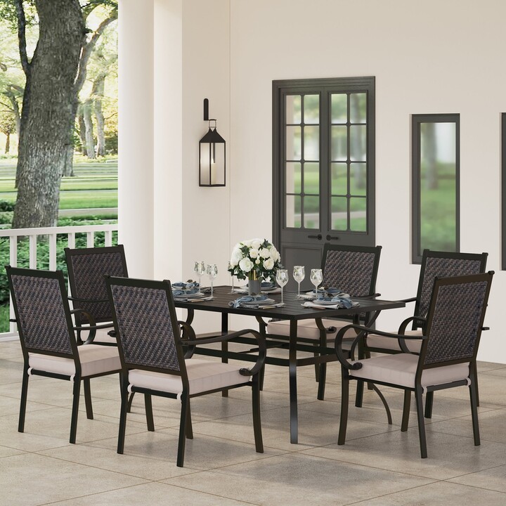 PATIO TIME 7piece Patio Dining Set, 6 Rattan Chairs with Cushion and 1 Metal Table with