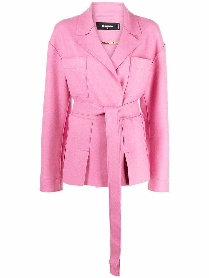 pink belted wrap coat