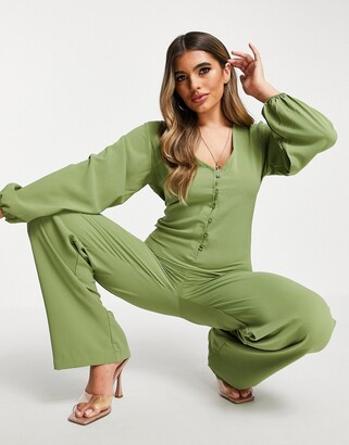 I SAW IT FIRST woven button-down wide-legged jumpsuit in olive green
