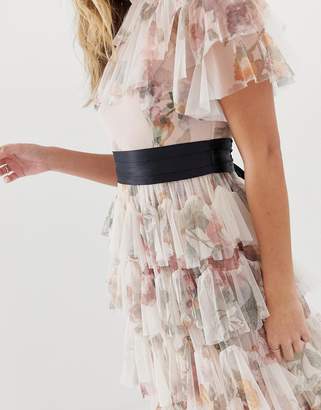 Needle & Thread tiered floral maxi dress with contrast waistband in rose quartz