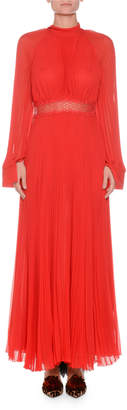 Giambattista Valli High-Neck Long-Sleeve Pleated Silk Gown w/ Lace Waist