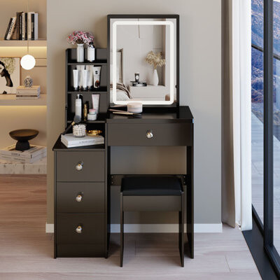 Compact Left Bedside Cabinet with Vanity, LED Mirror, and Storage, Perfect for Small Spaces and Modern Bedrooms.
