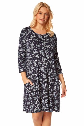 Roman Originals Womens Floral Pocket Swing Dress - Ladies Smart Casual Office Work 3/4 Sleeve Knee Length Dresses Fit and Flare Shape Tunic Frock - Navy - Size 12
