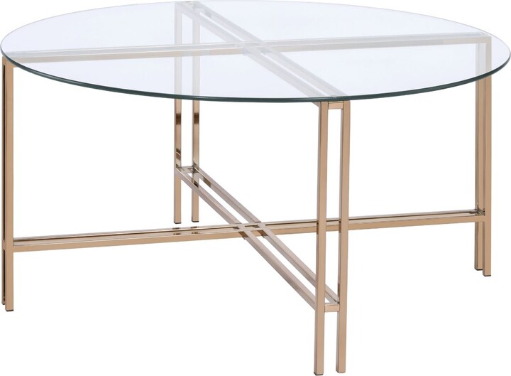 Coffee Table With X Shaped Metal Base And Round Glass Top Gold Saltoro