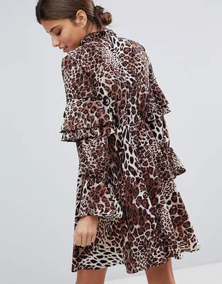 Club L High Neck Leopard Detailed Tiered Arm Dress