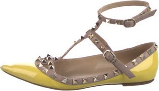 Valentino Patent Leather Flats Yellow Rockstud Accents Pointed-Toes with Studded Accents Multistrap & Buckle Closure at Ankles Designer