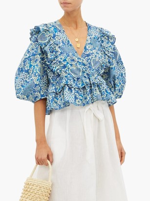 Rhode Resort Elodie Floral-print Cotton-voile Blouse - Blue Print