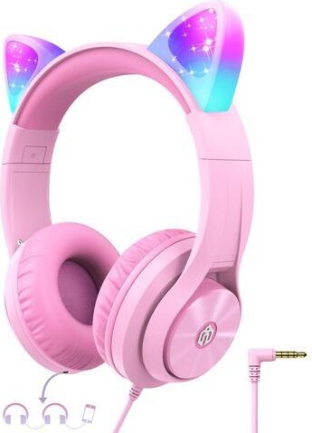 TUKO iClever Kids Headphones with Cat Ear Led Light Up, Safe Volume Limite Kids Wired Headphones with FunShare Foldable Over-Ear Headphones for...