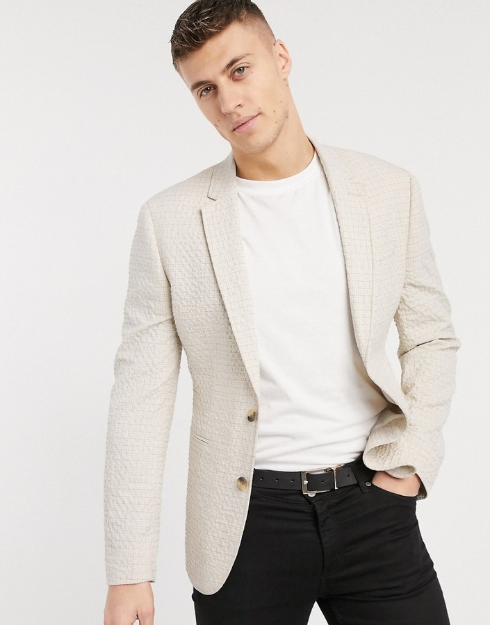ASOS DESIGN skinny soft tailored blazer in stone seersucker check -  ShopStyle