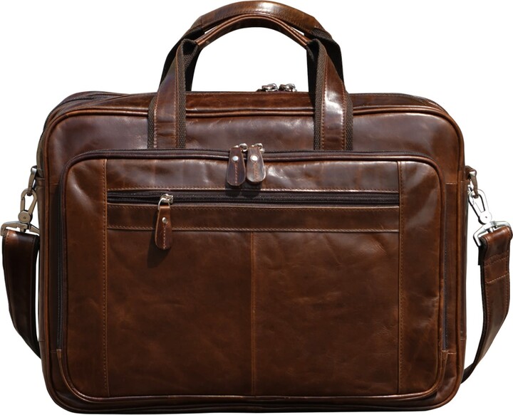 Touri Genuine Leather Briefcase With Luggage Strap - Polished Brown