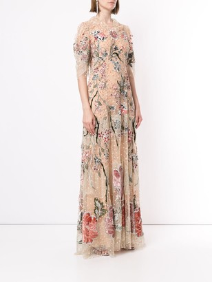 Biyan Floral-Embroidered Tulle Gown