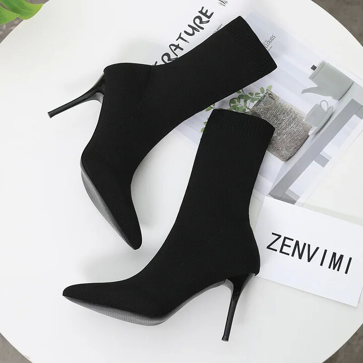 YBQJOO Sexy Sock Boots Knitting Stretch Boots High Heels for Women Fashion Shoes 2024 Spring Autumn Ankle Boots Female
