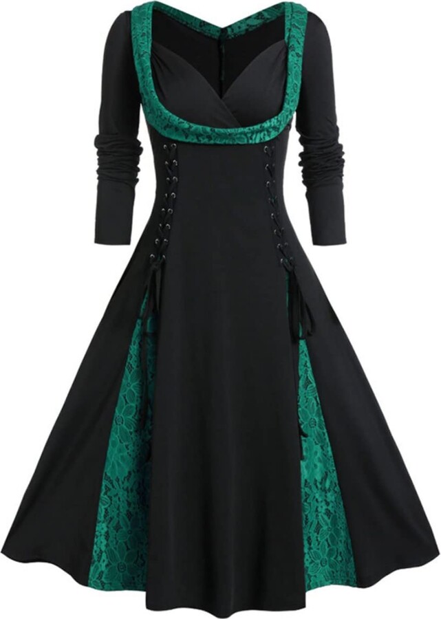 CAMDOM Renaissance Gothic Dress Vintage Long Sleeve Lace Patchwork ...