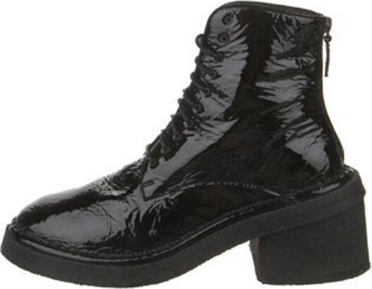 Marsèll Patent Leather Ankle Combat Boots Black Round-Toes Lace-Up Closure at Uppers Designer