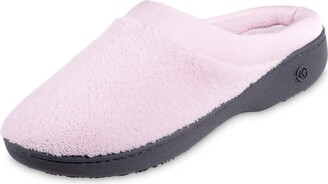 Isotoner Women's Terry and Satin Slip on Cushioned Slipper with Memory Foam for Indoor/Outdoor Comfort Flat Sandals
