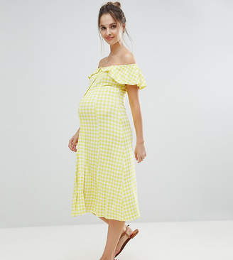 ASOS Maternity MATERNITY Off Shoulder Button Through Midi Sundress in Gingham