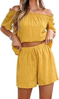 Fiorky Women's Summer 2 Piece Outfits Shorts Sets Off Shoulder Short Sleeve  Shirt Top Drawstring Short Pants Set - ShopStyle