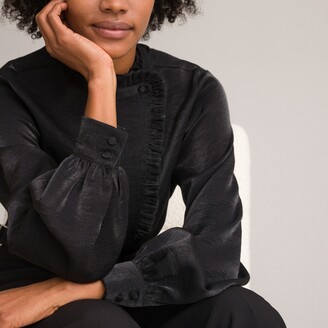 black high neck ruffle blouse