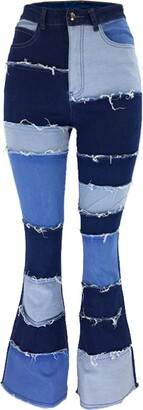 FOURSTEEDS Women's High Waist Patchwork Flared Jeans Hippie Color Blocked Distressed Bells Bottom Denim Pants - Blue - Medium