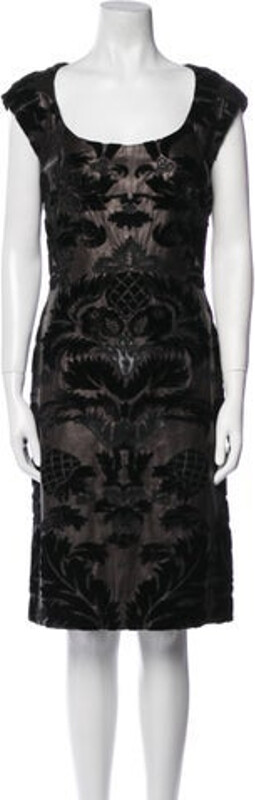 Look 31 from the Fall 2002 Runway. Yves Saint Laurent Rive Gauche Leather Shift Dress Vintage From the Fall/Winter 2002 Collection by Tom Ford Black Printed Sleeveless with Scoop Neck Concealed Zip Closure at Back