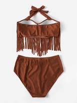 Thumbnail for your product : Shein Plus Fringe Trim Halter Top With Ruched Bikini
