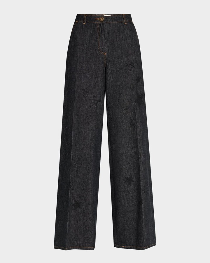 Maison Common Star Embroidered Denim Wide-Leg Pants