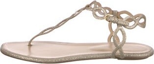 Sergio Rossi Glitter T-Strap Sandals Gold Crystal Embellishments Wrap-Around Straps & Buckle Closure at Sides | Sergio Rossi Glitter Crystal Embellishments T-Strap Sandals in Gold, Women's IT 39 | 9