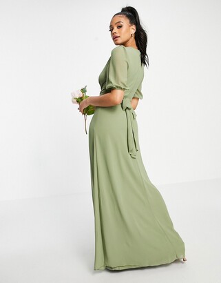 TFNC Bridesmaid wrap front maxi dress in dusky green
