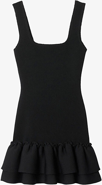 Sandro Womens Black Ruffled-Hem Square-Neck Stretch-Knit Mini Dress 8