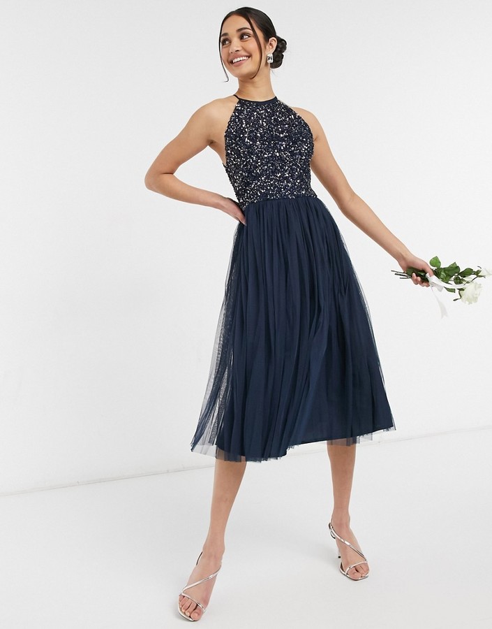 Maya Bridesmaid halterneck midi tulle dress with tonal delicate sequin in  navy - ShopStyle