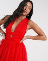 Thumbnail for your product : ASOS Petite DESIGN Petite Exclusive tulle cross plunge midi dress in red