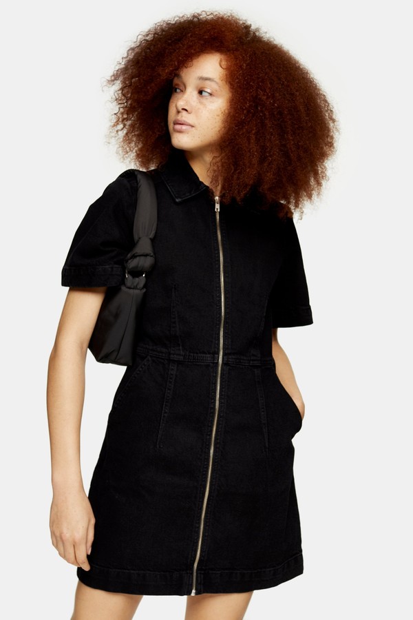 Topshop Black Denim Zip Through Short Sleeve Shirt Dress - ShopStyle