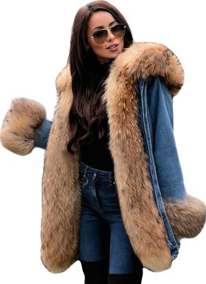Aox Women Winter Denim Coat Thicken Lining Faux Fur Hooded Jacket Warm  Overcoat Plus Size Windproof Outerwear (8 - ShopStyle