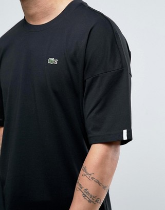 Lacoste Live Crew Longline Oversized T-Shirt Contrast Hem Croc Logo in Black/Silver