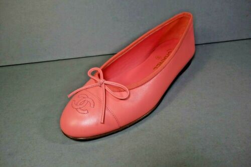 Chanel 38.5/8 coral pink leather ballet ballerina flats cap round toe "cc" new