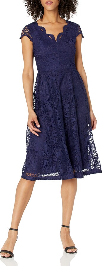London Times Womens Cap Sleeve Round Neck Lace Fit & Flare Dress 