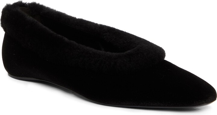 Genuine Shearling Trim Velvet Pointed Toe Ballet Flat