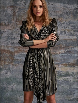 little mistress foil print mini dress with pleated skirt in black multi