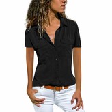 Thumbnail for your product : ESAILQ Womens Blouse Ladies Solid Short Sleeve t Shirt Turn Down Collar Pockets Buttons Casual Shirt Tops Blouse(Wine S)